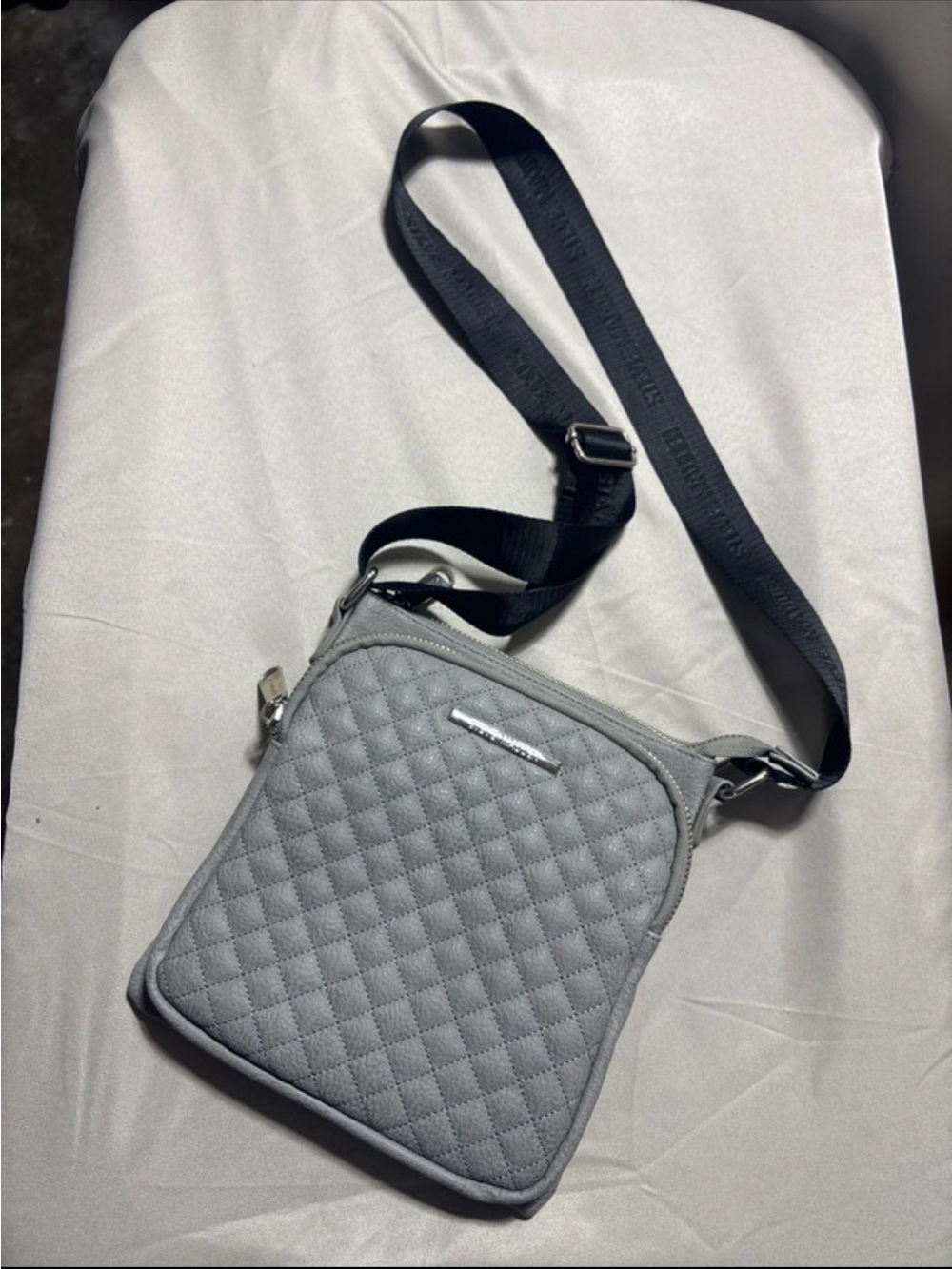 Steve Madden Grey Quilted Crossbody Purse Bag with Logo Webbing Strap